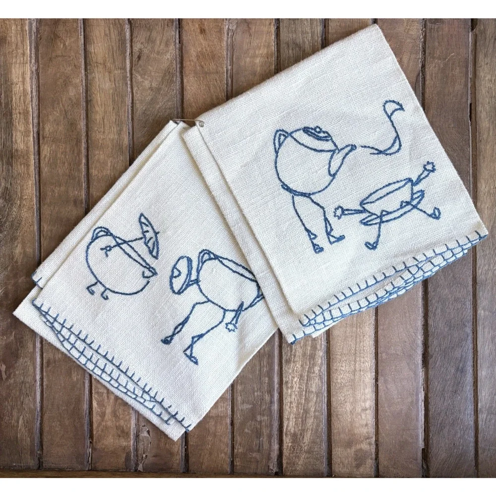 Handmade Linen Tea Towel Set Embroidered Blue Cream Teapot Cup Whimsical